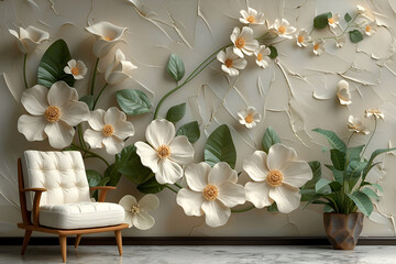 3d mural illustration flowers white background , wallpaper.