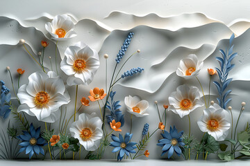 3d mural illustration flowers white background , wallpaper.