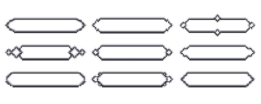 Pixel frames, text message dialog bubbles. User interface play buttons in retro style.