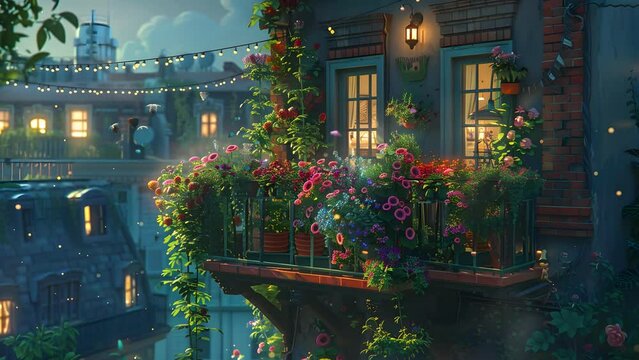  High Balcony Overflowing with Colorful Blooms. Seamless Looping 4k Video Animation