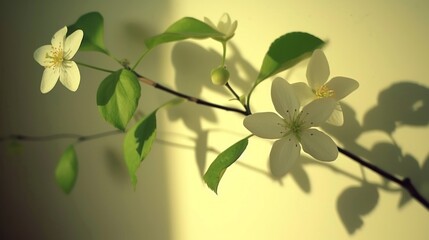 a branch of a tree with white flowers and green leaves with a shadow of a wall in the back ground.