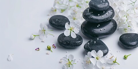 spa relaxation center with stacked black stones and flowers