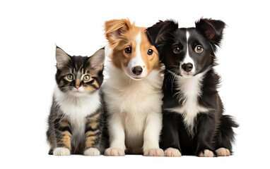 Naklejka na ściany i meble Group of Dogs and Cat Sitting Together. A collection of dogs and cat of various breeds and colors are seated side by side in this scene. on White or PNG Transparent Background.