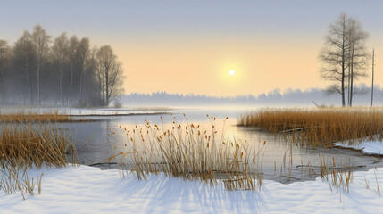 Fototapeta premium a painting of the sun setting over a lake with snow on the ground and reeds in the foreground.