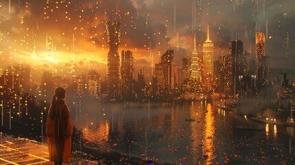 Fototapeta na wymiar A solitary figure stands overlooking a futuristic city bathed in golden light and embers, evoking a sense of contemplation and wonder.