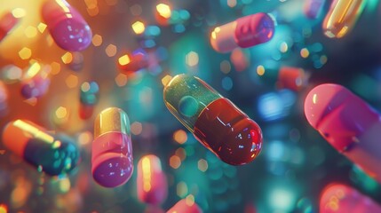 3D of vibrant floating capsules in an abstract environment with a bokeh effect, depicting pharmaceutical innovation.