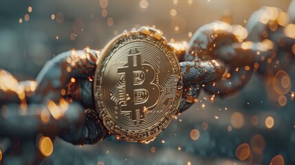 A symbolic representation of a Bitcoin token secured by a cryptographic blockchain, highlighted by golden light and digital connectivity.