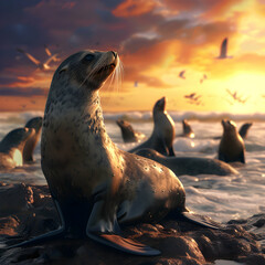 Sea lion family in the ocean water with setting sun shining. Group of wild animals in nature.