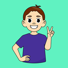 Happy and smiling boy making peace gesture. Vector illustration