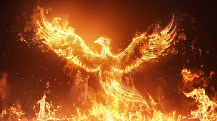 Artistic representation of a phoenix rising majestically from fiery flames, symbolizing rebirth and immortality in mythological lore. - obrazy, fototapety, plakaty