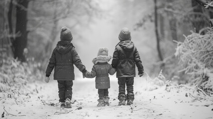 Winter Companions: Childhood Unity on an Icy Road - obrazy, fototapety, plakaty