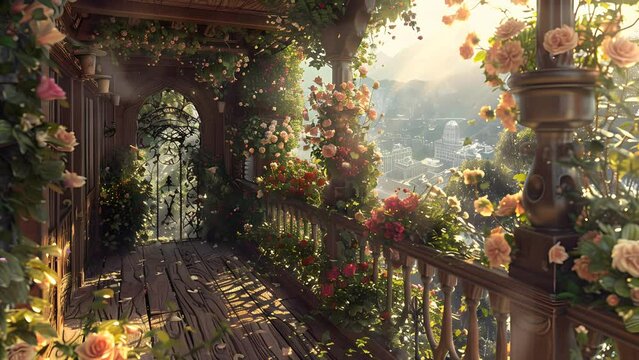 High Balcony Adorned with Lush Flowering Plants. Seamless Looping 4k Video Animation