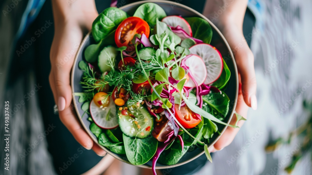 Wall mural Healthy fresh salad in hands, inviting and nutritious.