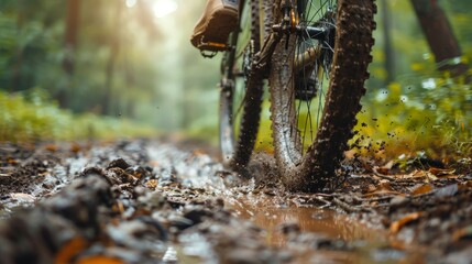 Close-up action shot of a mountain bike tire rolling through a muddy puddle, sending droplets flying in a forest trail.
