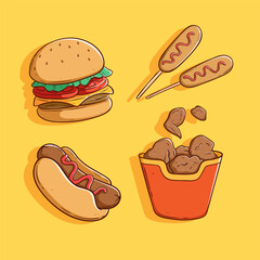 set of tasty junk food with burger, sausage, hotdog and fried chicken. Cute fast food with doodle style on yellow background