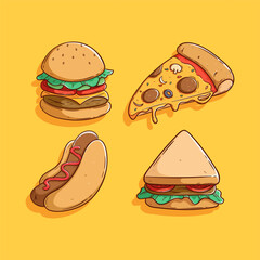 set of tasty junk food with burger, pizza, hotdog and sandwich. Cute fast food with doodle style on yellow background