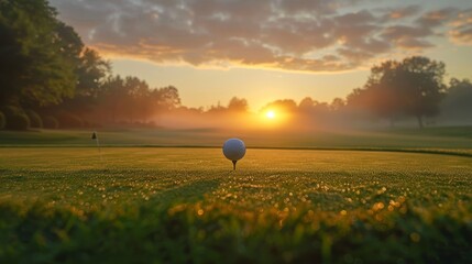 The sun rises over a tranquil golf course, a golf ball perched on a tee against the backdrop of a dew-kissed green and a serene dawn sky. - obrazy, fototapety, plakaty