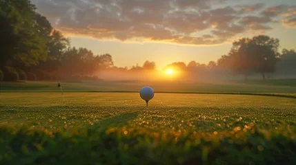 Fotobehang The sun rises over a tranquil golf course, a golf ball perched on a tee against the backdrop of a dew-kissed green and a serene dawn sky. © Sodapeaw