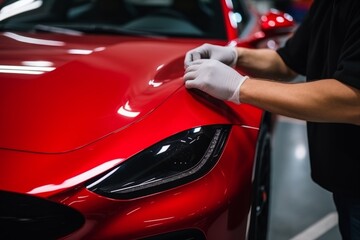 Professional unrecognizable Caucasian specialist male man guy worker master wrapping installing protective film vinyl foil new red sport car automobile transport paint protection indoors salon service
