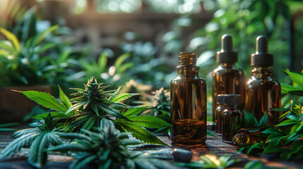 CBD Wellness: Green Hemp Extract in a Bottle with Marijuana Leaves, Offering Natural Health Treatment - obrazy, fototapety, plakaty