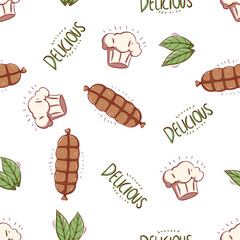 tasty steak meat with spice in seamless pattern