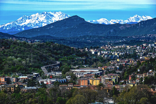 View of the ALPS, mountains and city from the near by village around lake Como Italy