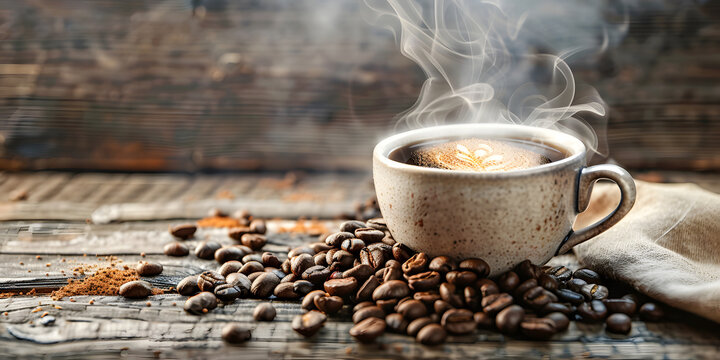 A steaming cup of hot coffee and coffee beans elegantly arranged on a vintage wooden table.