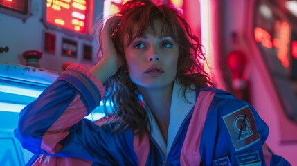 Young Woman in Futuristic Spacesuit with Neon Lights Reflecting on Face Looking Surprised and Thoughtful