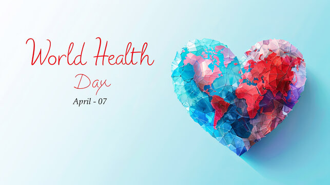 Volumetric heart with a world map with symbols of World Health Day. World Health Day. Postcard, poster, banner.