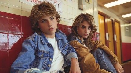 Stylish Teenage Couple Sitting Together in a High School Corridor Wearing Denim Jackets
