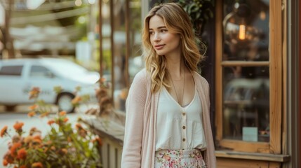 Young Woman Smiling on Sunny Street, Casual Fashion, Urban Lifestyle, Portrait in Soft Light