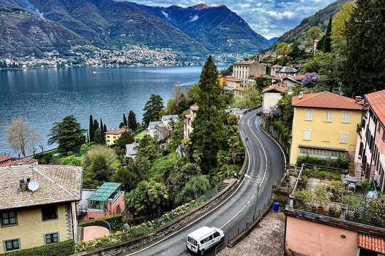 View of a lake Como (Italy), Como city, mountains, Villages, roads, bridges around it. Grand landscape and cityscapes