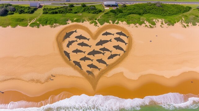 a heart - shaped painting of a flock of dolphins on a beach with the ocean and a road in the background.