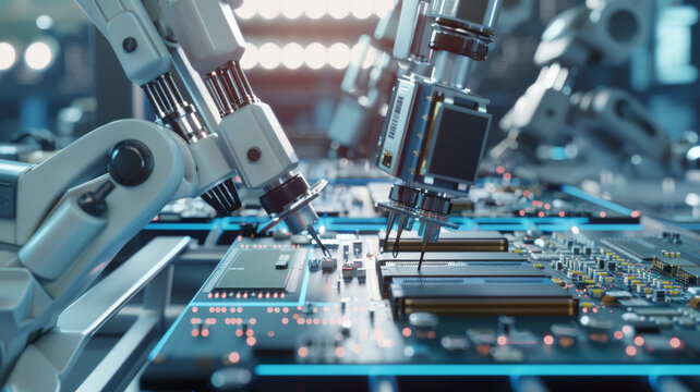 Precision robotics arms engaged in manufacturing microelectronics.