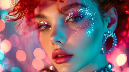 Vibrant Fashion Model with Glitter Makeup and Colorful Lights Background