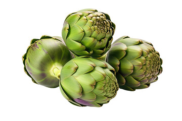 Group of Green Artichokes. A group of green artichokes are arranged neatly on a stark white background. The artichokes are fresh and vibrant, showcasing their unique shape and texture.