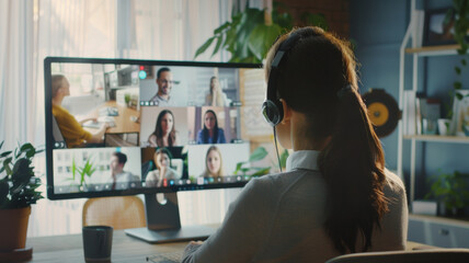 Obraz premium Woman participating in an online virtual conference from home.