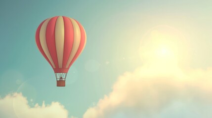 a red and white hot air balloon flying through a blue sky with a bright sun in the middle of the sky.