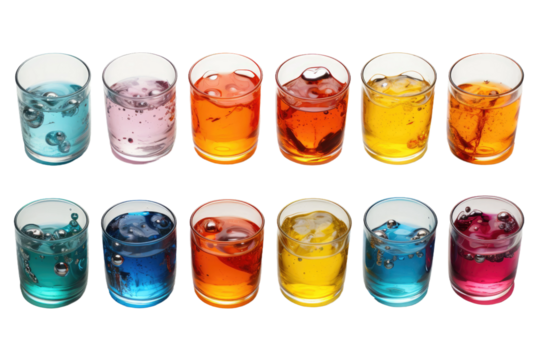 Group of Glasses Filled With Different Colored Liquids. Several glasses filled with various colored liquids are seen in the image. Each glass contains a unique hue.