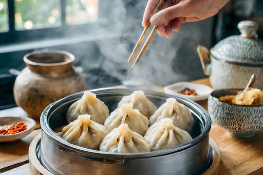 Steaming xiaolongbao dumplings, picked with chopsticks, evoke irresistible culinary delight