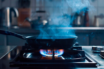 Frying pan on gas stove on fire with dish being prepared.