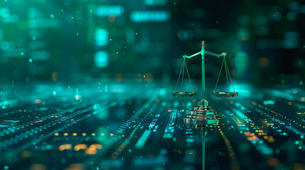 Law scales on background of digital data. Digital law concept in the modern world.