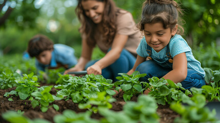 A joyful moment as a parent teaches their child to pick herbs or vegetables from their lush home garden.