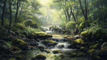 Serene Waters: Tranquil Forest Stream - obrazy, fototapety, plakaty