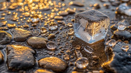 a close up of ice cubes on a wet surface with water droplets on the ground and on the ground.