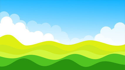 Green Mountain landscape lawn view with white clouds and blue clear sky background vector illustration.