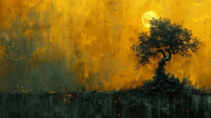 a painting of a tree in front of a yellow background with a full moon in the sky above the tree.