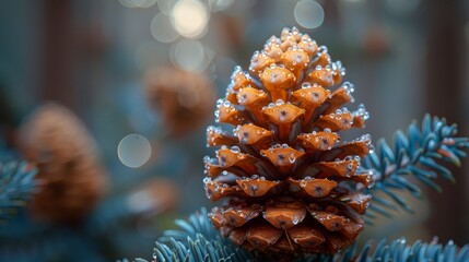 a close up of a pine cone on a pine tree with a boke of snow on the top of it.