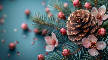 a pine cone sitting on top of a branch of a tree with pink flowers and pine cones on top of it.