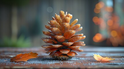 a pine cone sitting on top of a wooden table covered in drops of water next to an orange maple leaf.